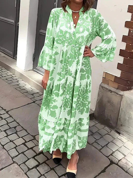 Vestido Maxi con Escote en V y Manga 3/4 Atractivo