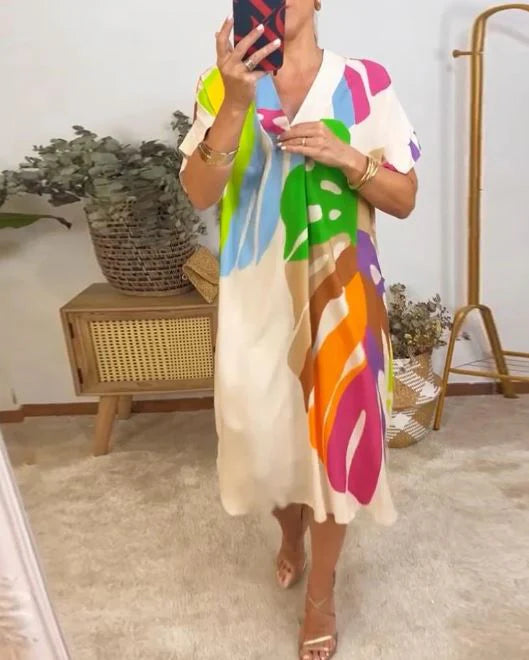 Vestido Casual Con Estampado De Hojas Coloridas