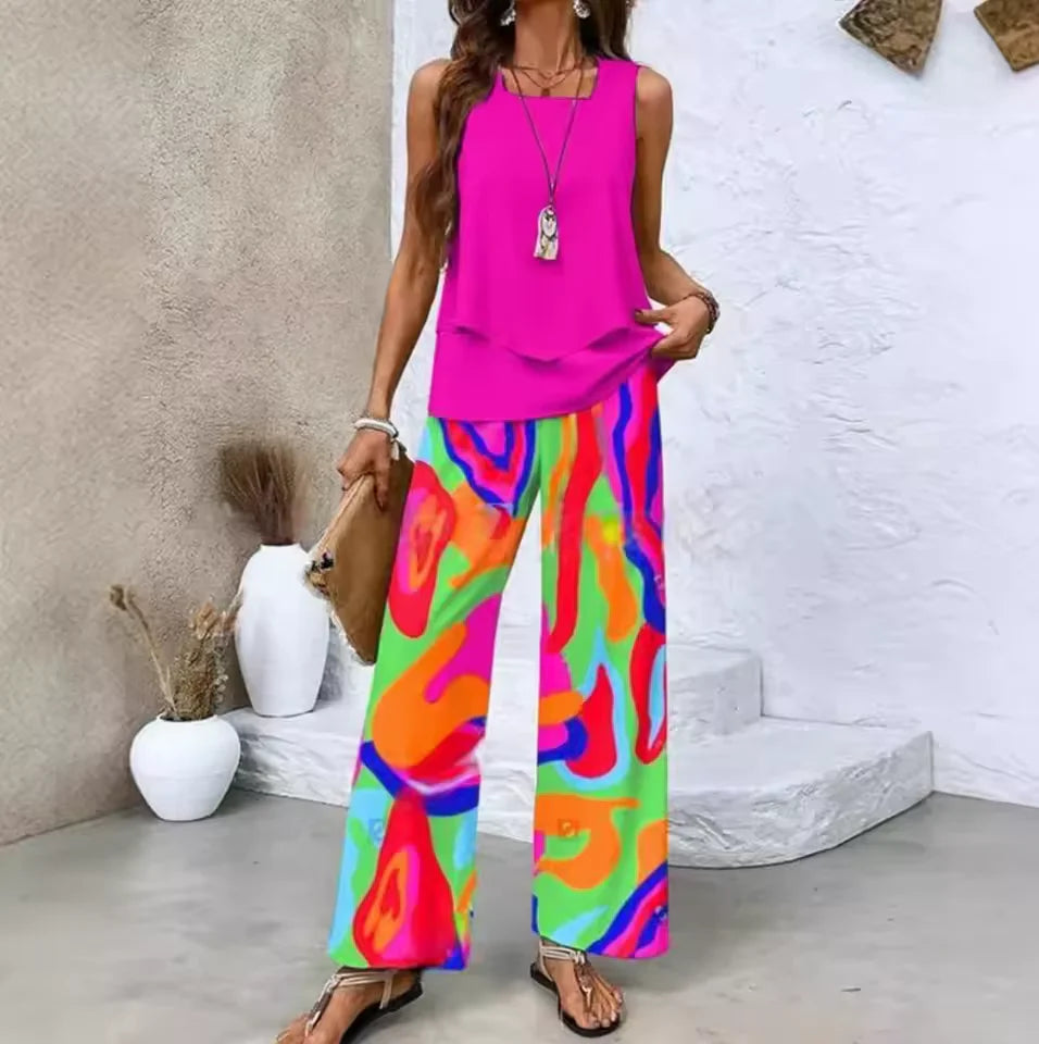 Conjunto de Dos Piezas Con Top y Pantalón Combinado