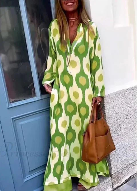 Vestido Boho de Cuello en V con Estampado Geométrico y Abertura