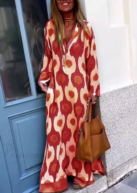 Vestido Boho de Cuello en V con Estampado Geométrico y Abertura