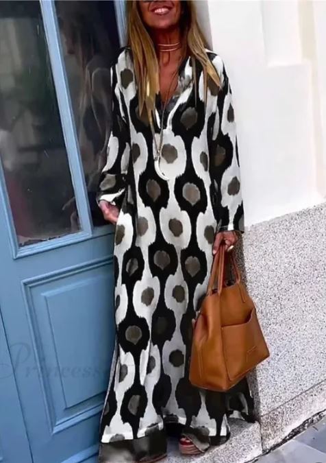 Vestido Boho de Cuello en V con Estampado Geométrico y Abertura