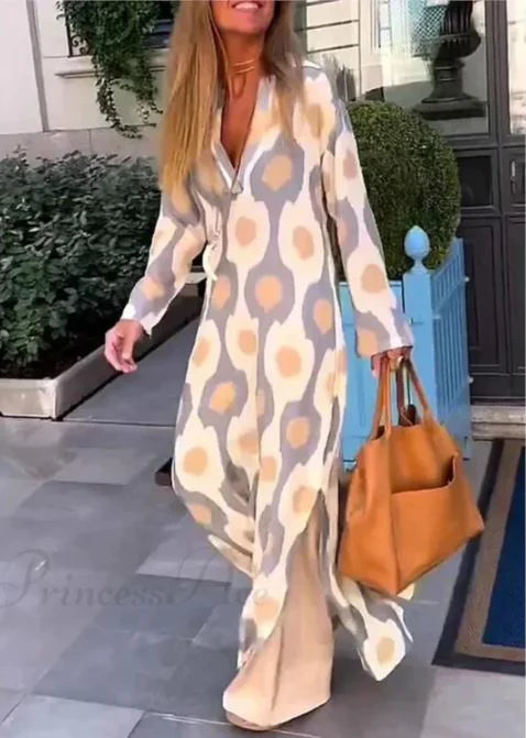 Vestido Boho de Cuello en V con Estampado Geométrico y Abertura
