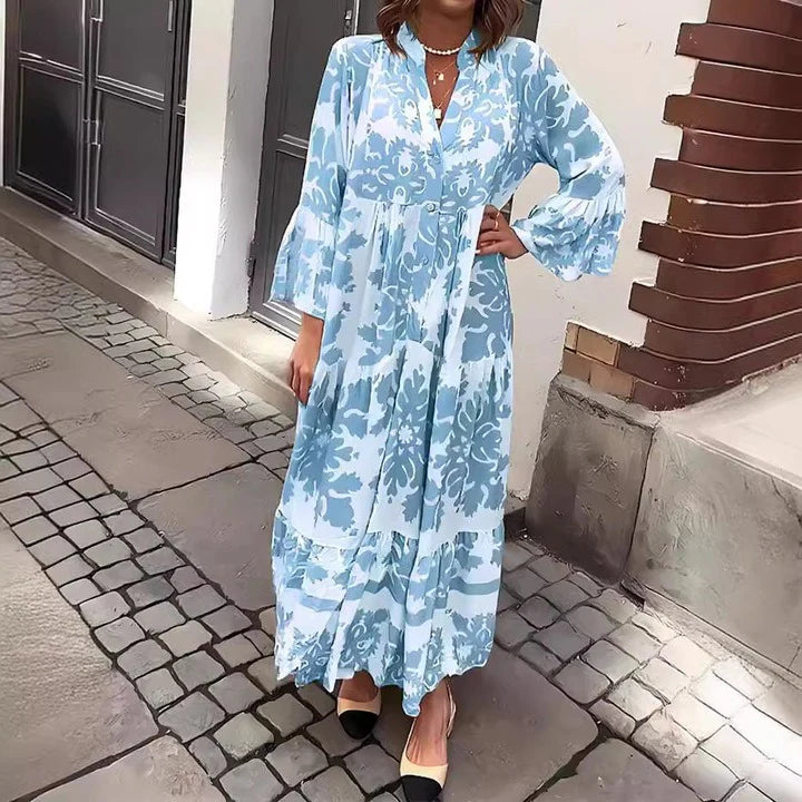 Vestido Maxi con Escote en V y Manga 3/4 Atractivo