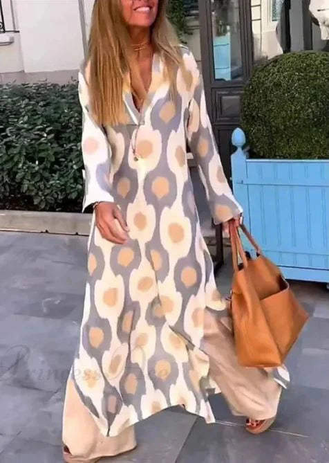 Vestido Boho de Cuello en V con Estampado Geométrico y Abertura
