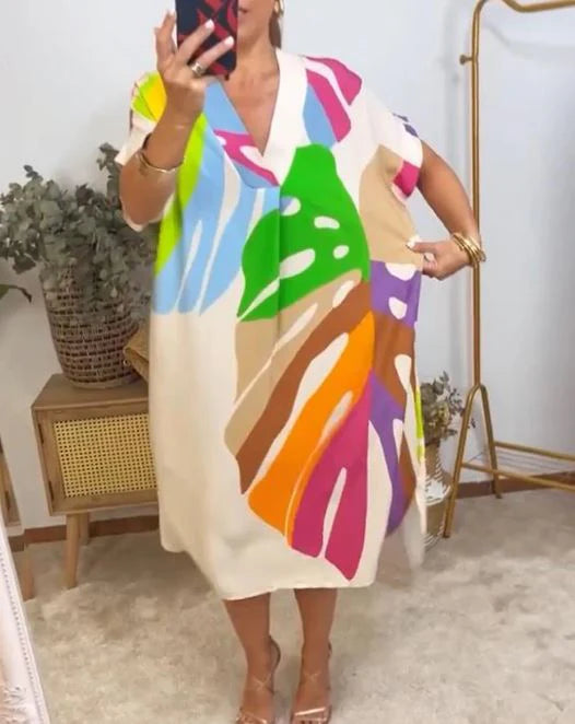 Vestido Casual Con Estampado De Hojas Coloridas