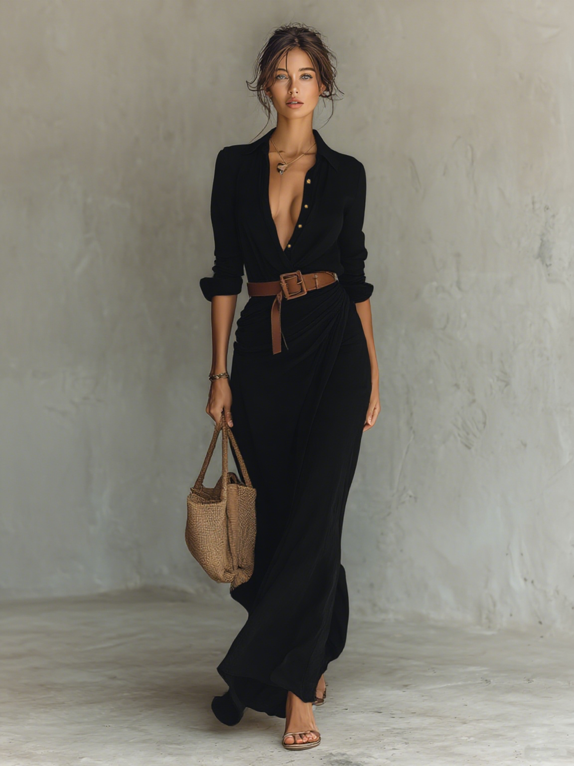 Vestido Largo con Cuello de Solapa y Mangas Largas