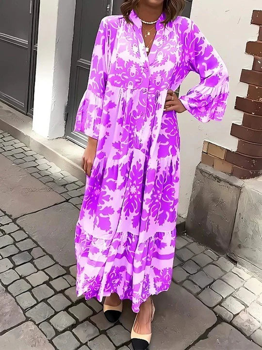 Vestido Maxi con Escote en V y Manga 3/4 Atractivo