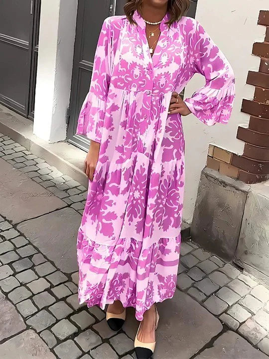 Vestido Maxi con Escote en V y Manga 3/4 Atractivo
