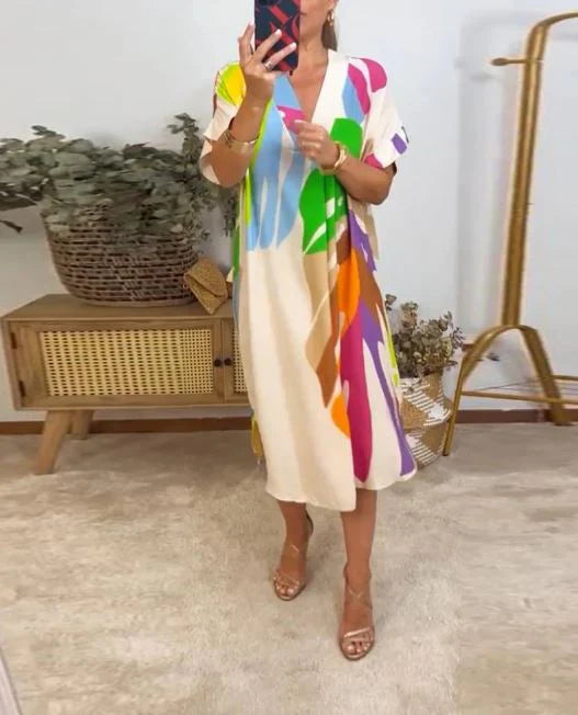 Vestido Casual Con Estampado De Hojas Coloridas