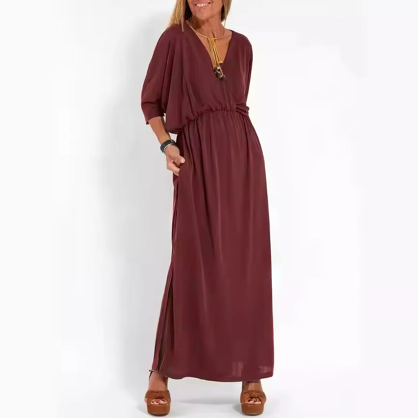 Vestido Largo Vintage con Cuello en V y Cintura Alta