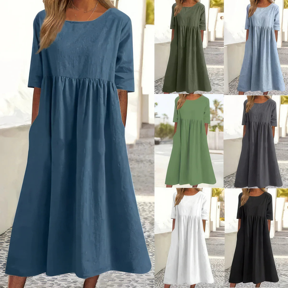 Vestido con Cuello Redondo y Bolsillos