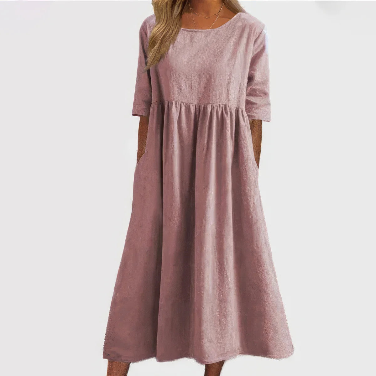 Vestido con Cuello Redondo y Bolsillos