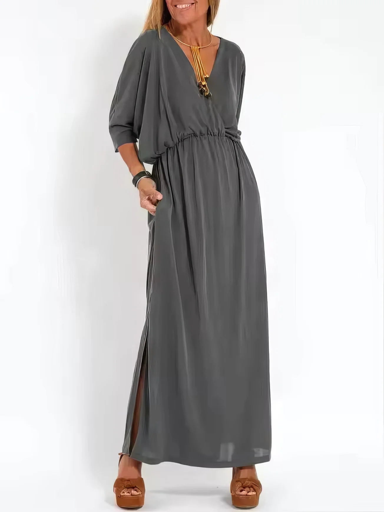 Vestido Largo Vintage con Cuello en V y Cintura Alta