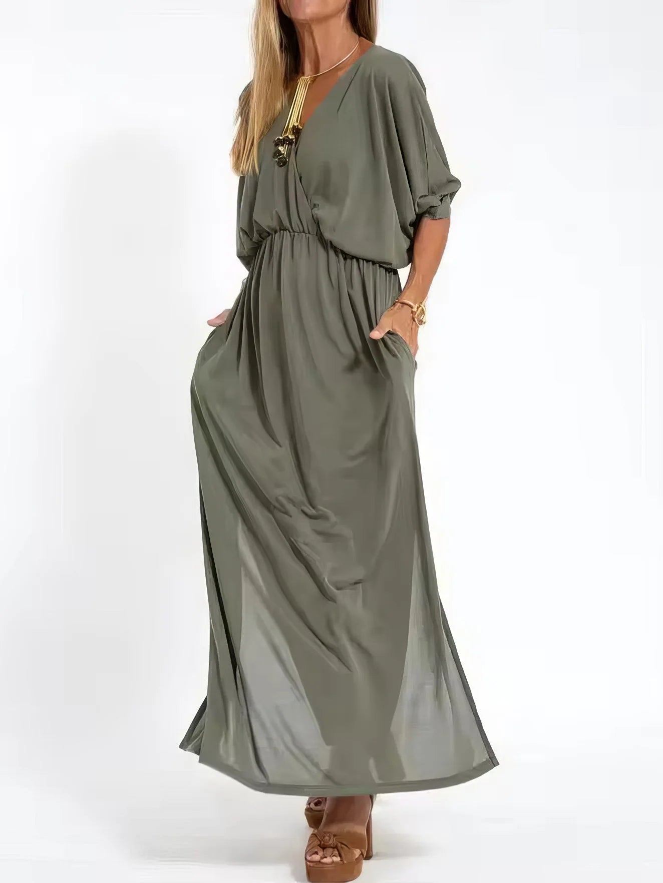 Vestido Largo Vintage con Cuello en V y Cintura Alta