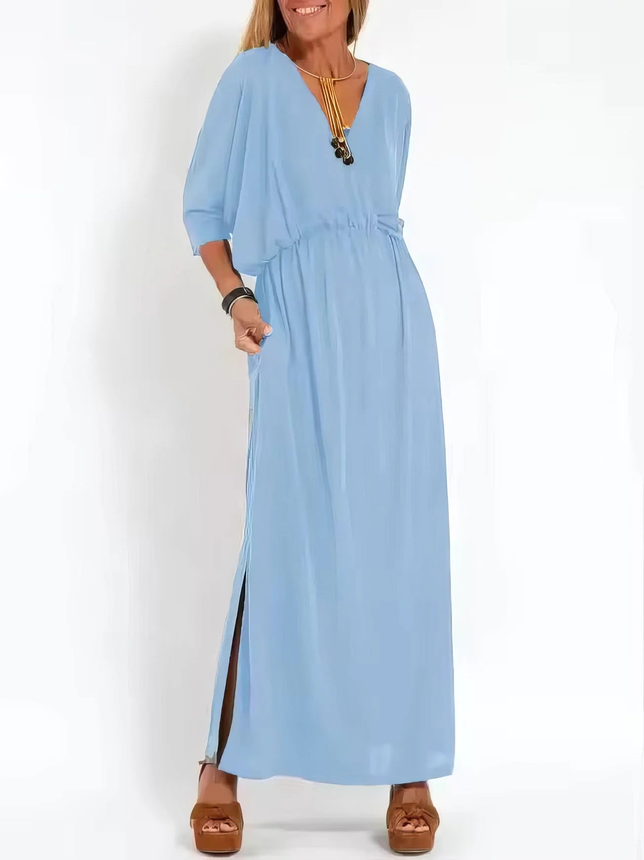 Vestido Largo Vintage con Cuello en V y Cintura Alta