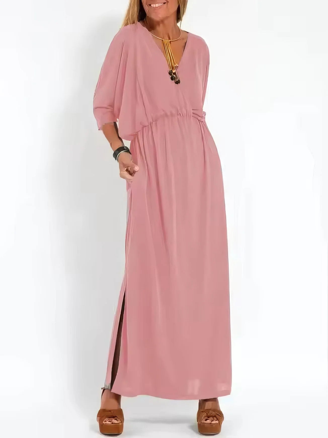 Vestido Largo Vintage con Cuello en V y Cintura Alta