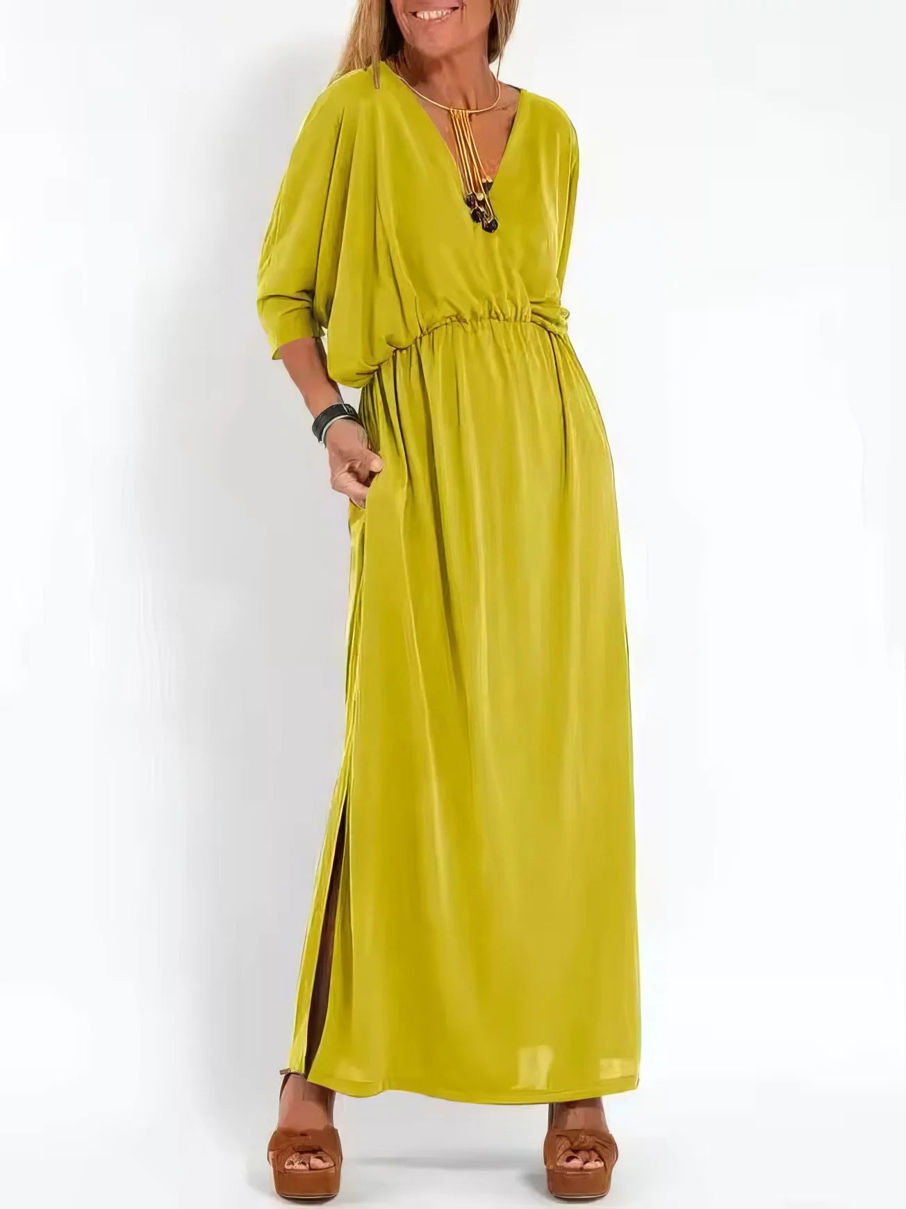 Vestido Largo Vintage con Cuello en V y Cintura Alta