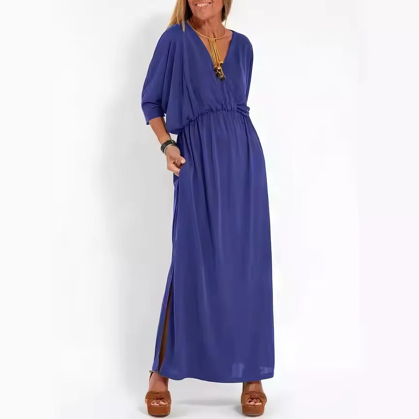 Vestido Largo Vintage con Cuello en V y Cintura Alta