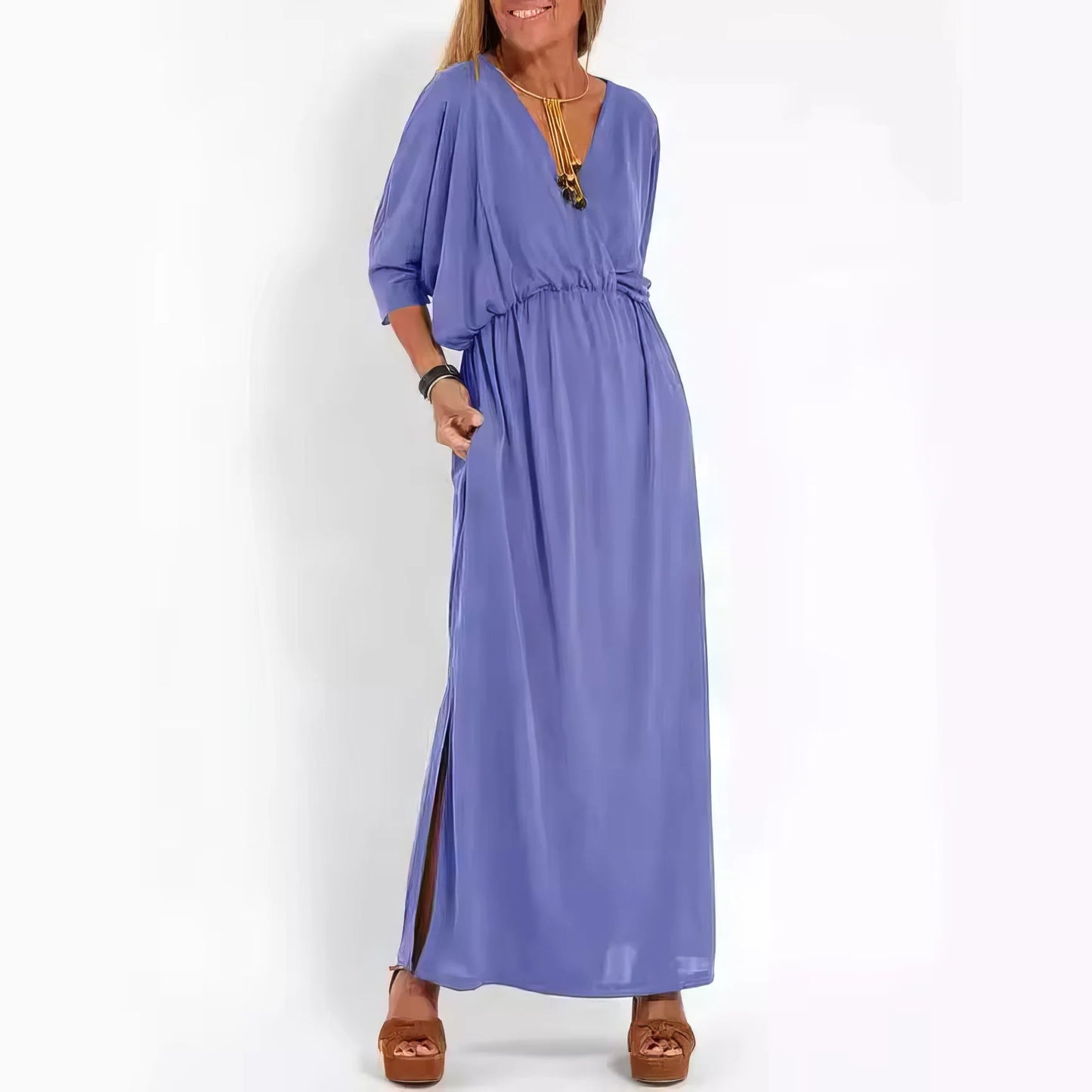 Vestido Largo Vintage con Cuello en V y Cintura Alta