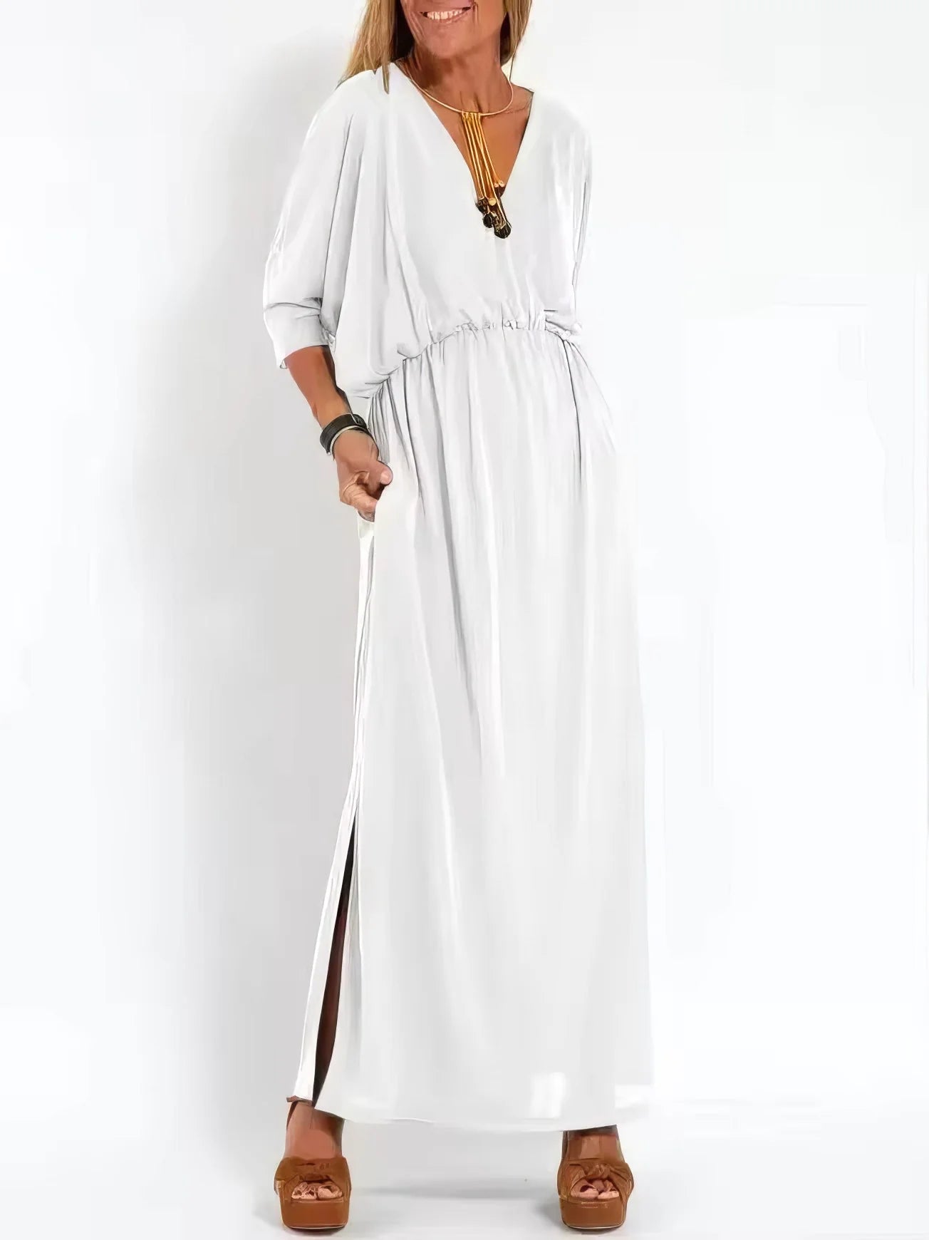 Vestido Largo Vintage con Cuello en V y Cintura Alta