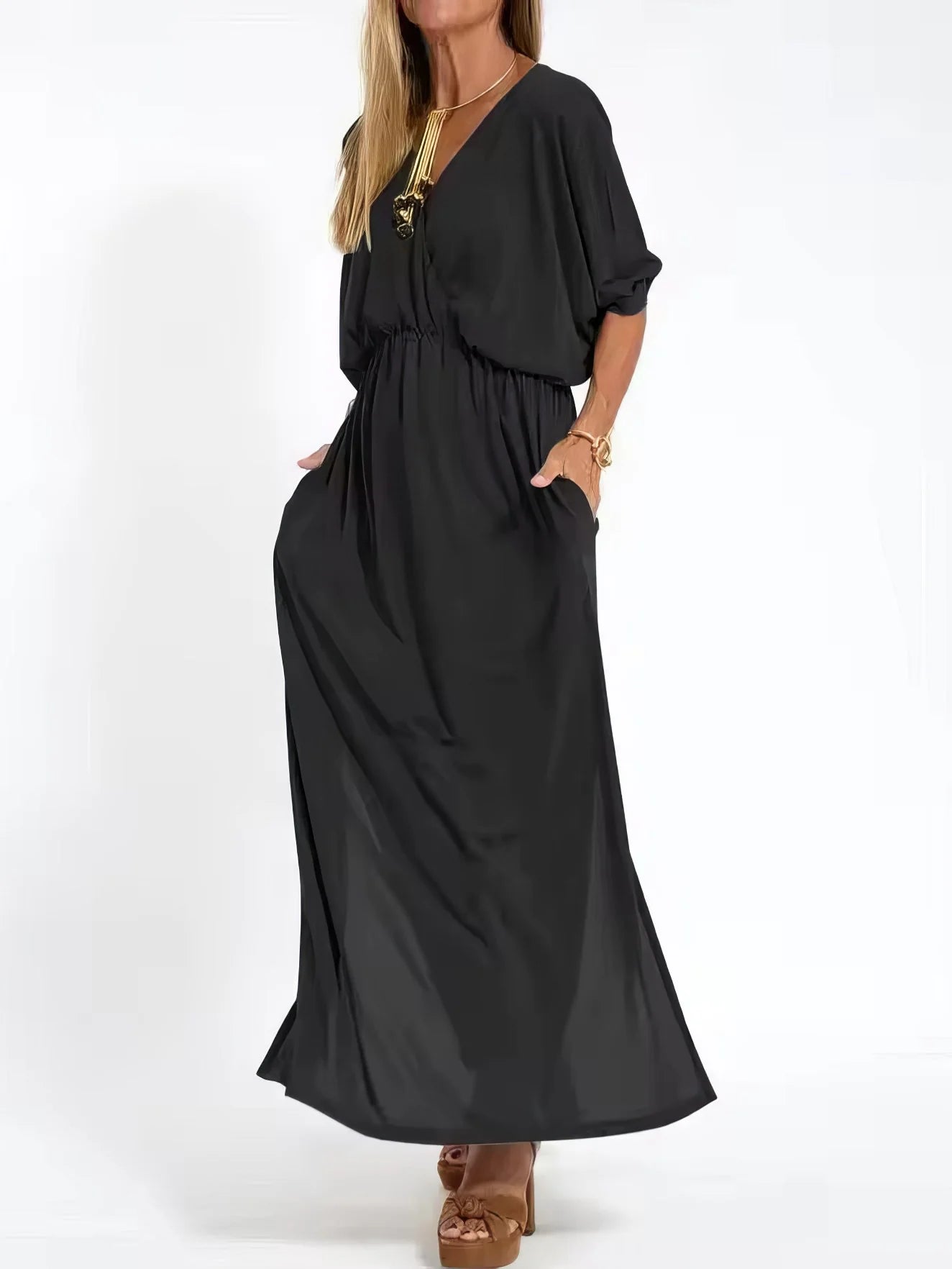 Vestido Largo Vintage con Cuello en V y Cintura Alta
