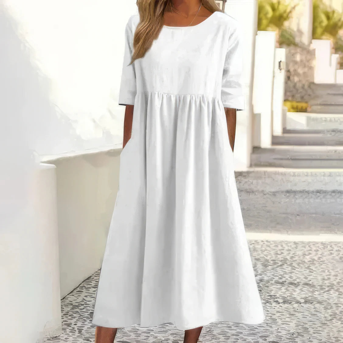 Vestido con Cuello Redondo y Bolsillos