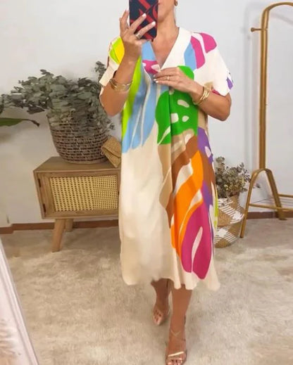 Vestido Casual Con Estampado De Hojas Coloridas