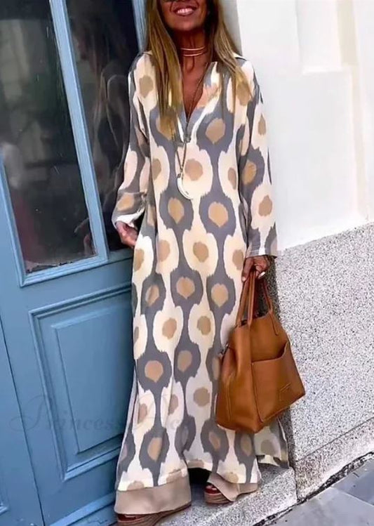 Vestido Boho de Cuello en V con Estampado Geométrico y Abertura