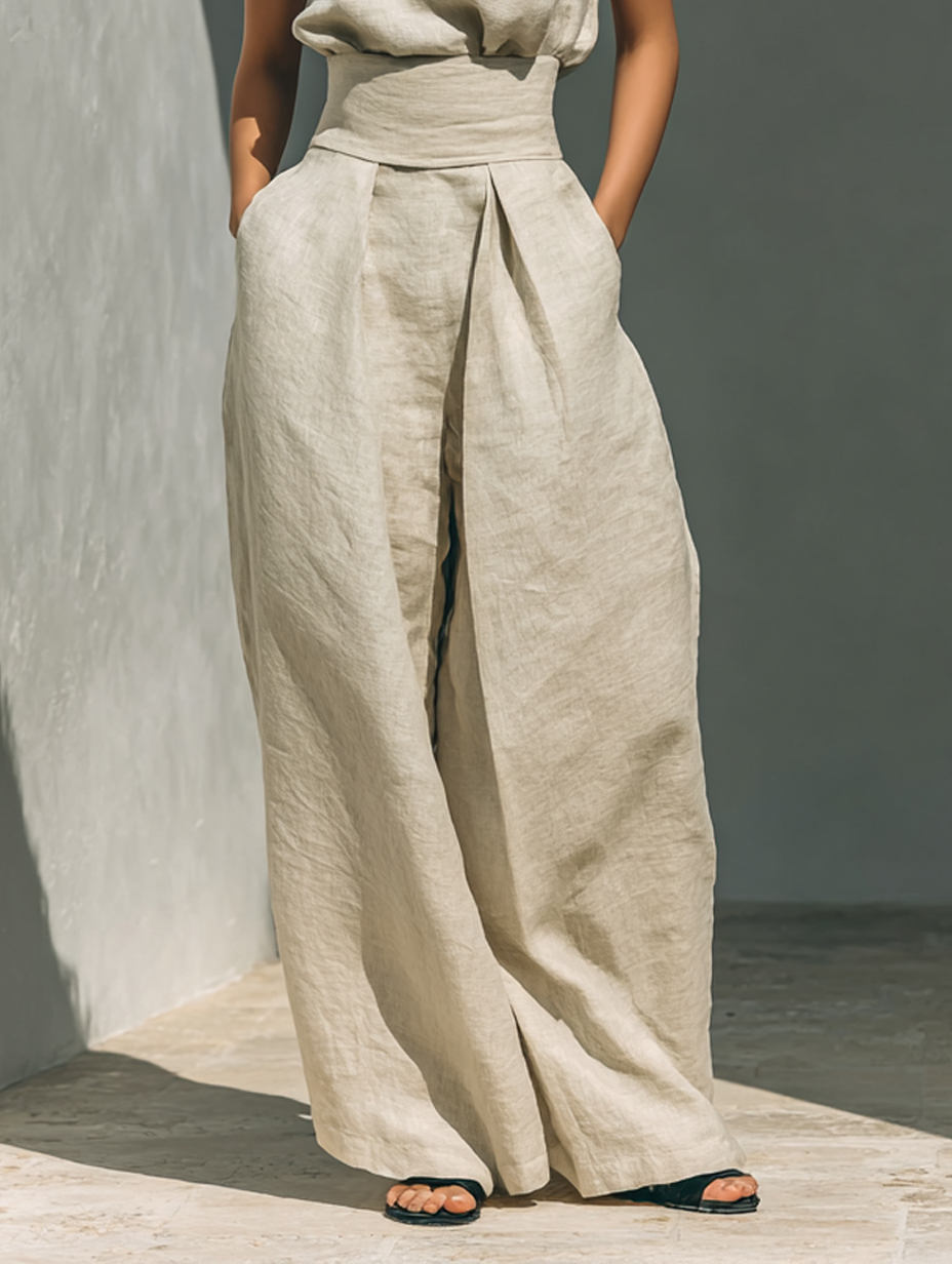 Maria - Completo di canotta e pantaloni larghi in cotone e lino minimalista per donna