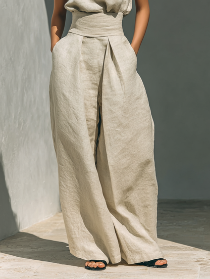 Maria - Completo di canotta e pantaloni larghi in cotone e lino minimalista per donna