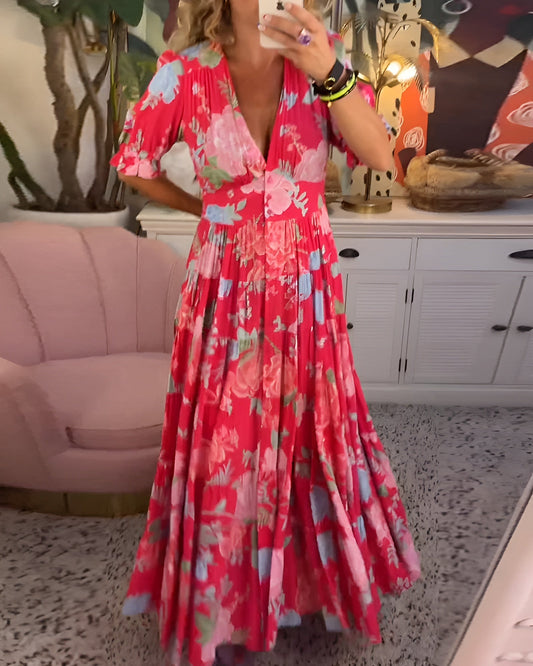 Karina | Vestido con bolsillos, escote en V y estampado floral