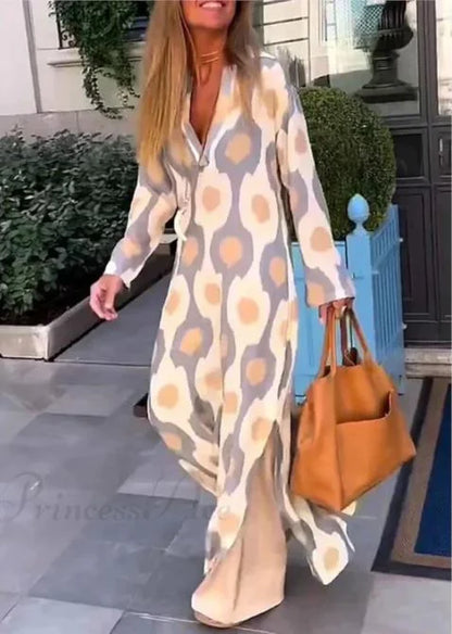 Vestido Boho de Cuello en V con Estampado Geométrico y Abertura