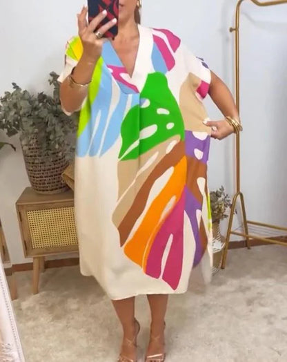 Vestido Casual Con Estampado De Hojas Coloridas