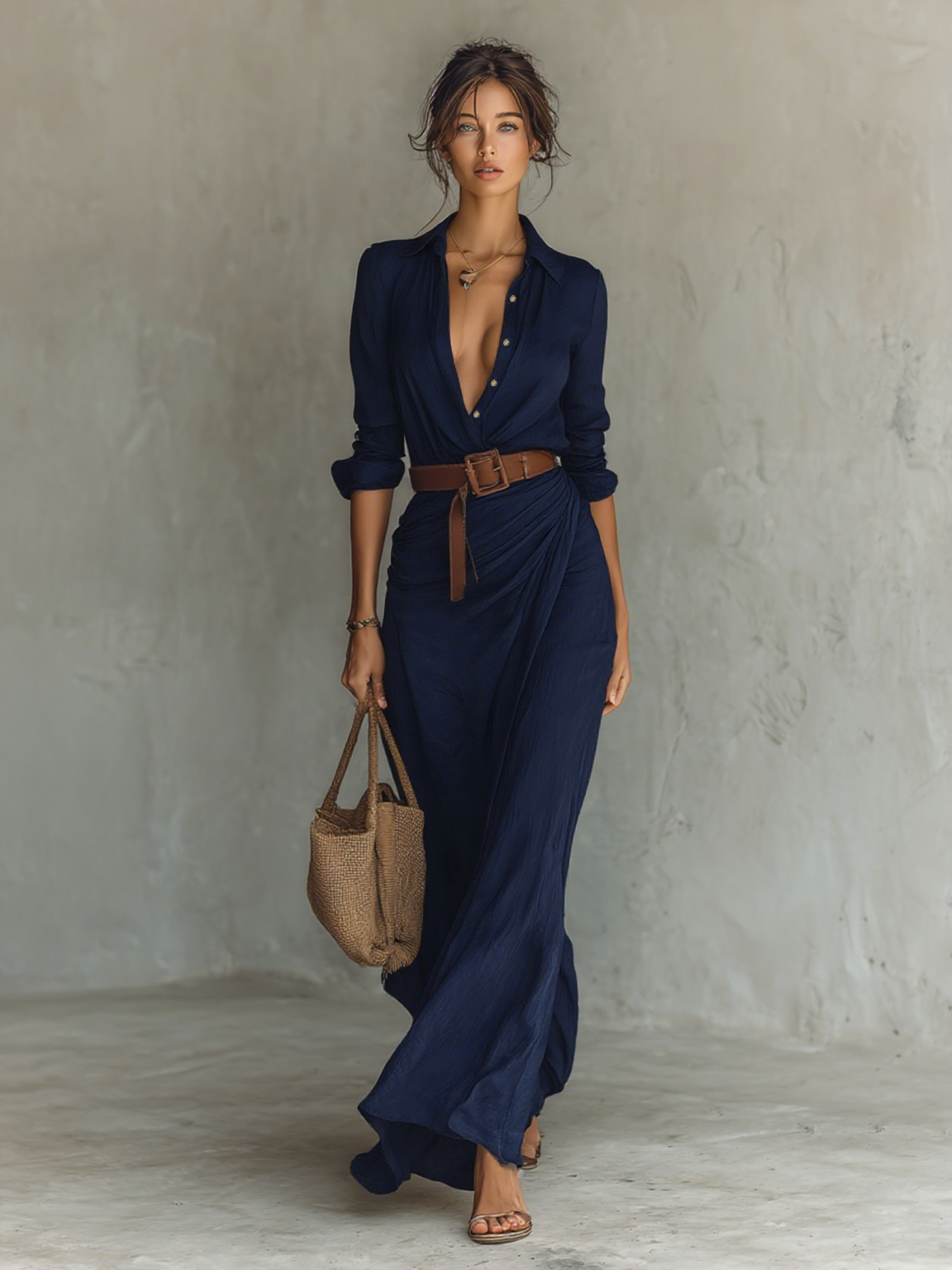 Vestido Largo con Cuello de Solapa y Mangas Largas