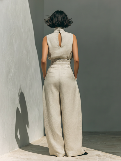 Maria - Completo di canotta e pantaloni larghi in cotone e lino minimalista per donna