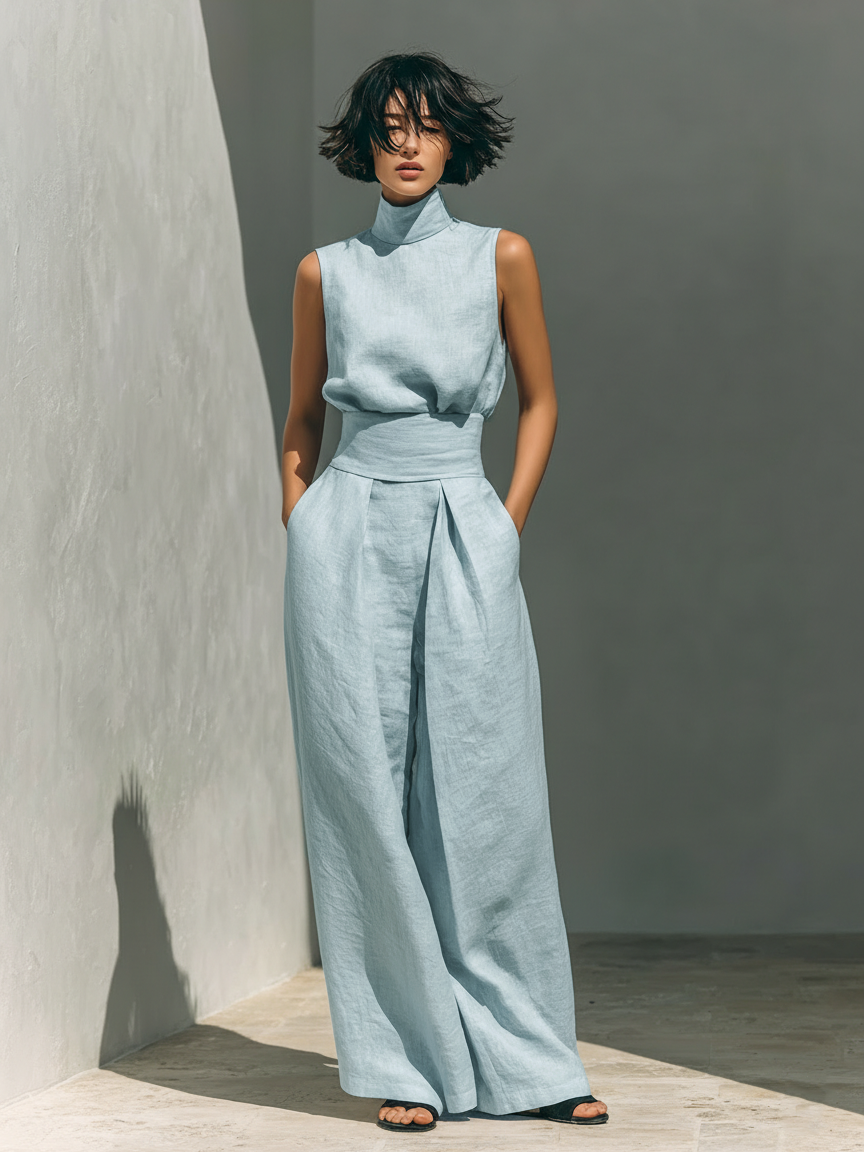 Maria - Completo di canotta e pantaloni larghi in cotone e lino minimalista per donna
