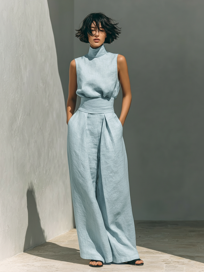 Maria - Completo di canotta e pantaloni larghi in cotone e lino minimalista per donna
