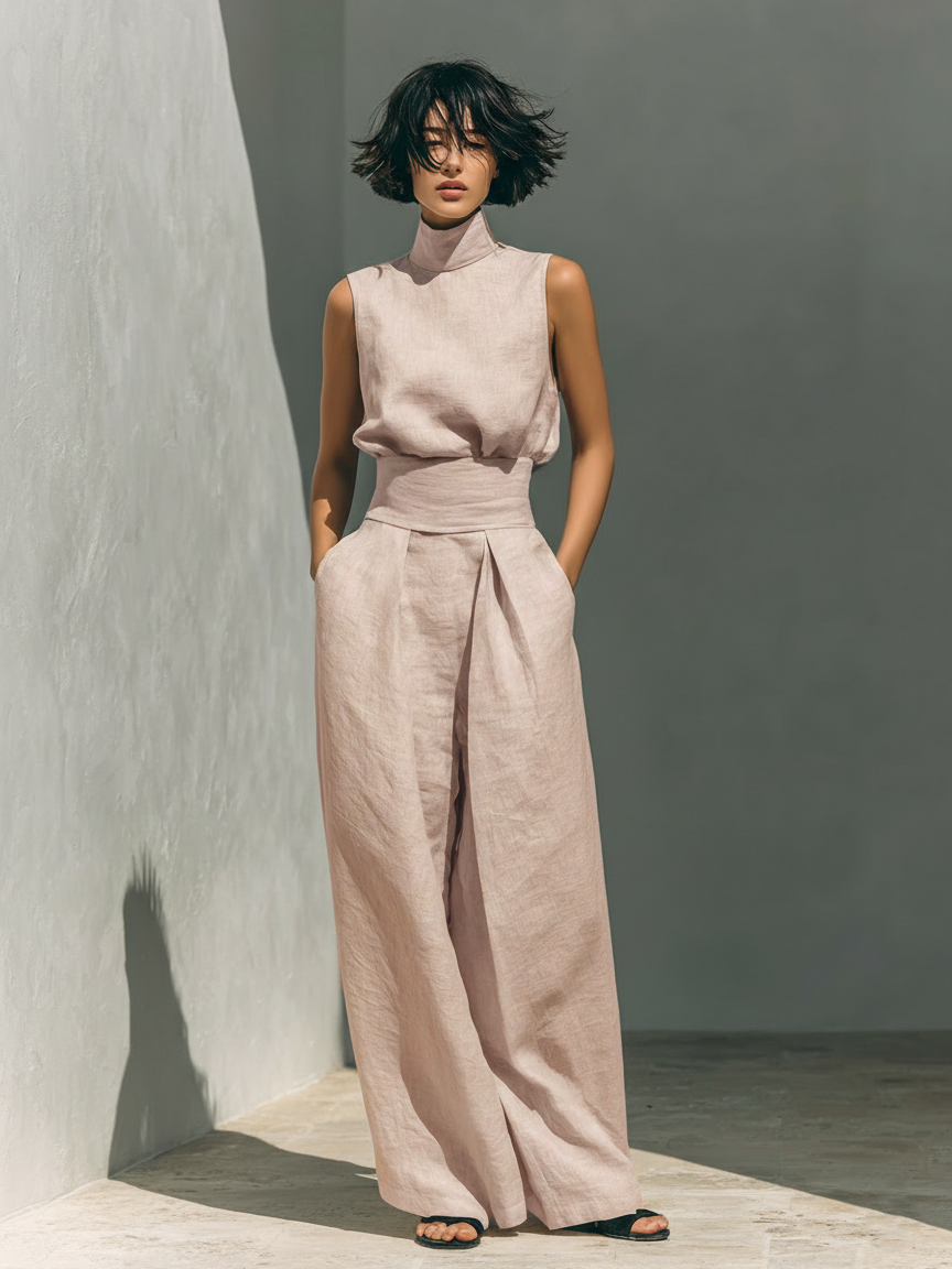 Maria - Completo di canotta e pantaloni larghi in cotone e lino minimalista per donna