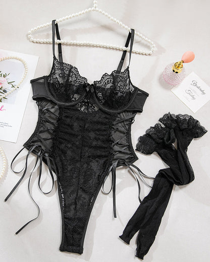 Ameline | Body Transparente de Encaje con Estampado Floral y Detalle de Lazo