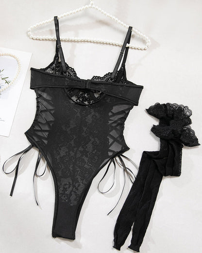 Ameline | Body Transparente de Encaje con Estampado Floral y Detalle de Lazo