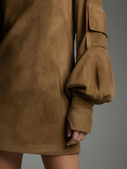 Beli | Minivestido holgado de ante con cuello alto