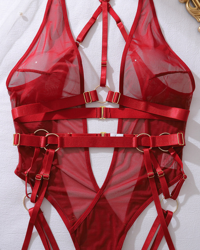 Renee™ | Rugloze Mesh Bodysuit met Metallic Bandjes