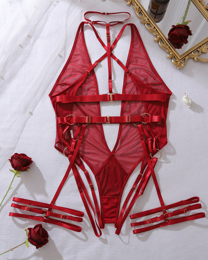 Renee™ | Rugloze Mesh Bodysuit met Metallic Bandjes