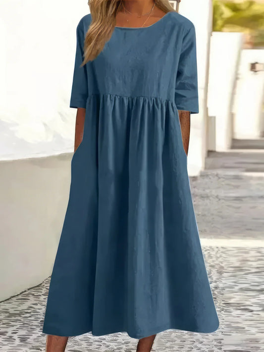 Vestido con Cuello Redondo y Bolsillos