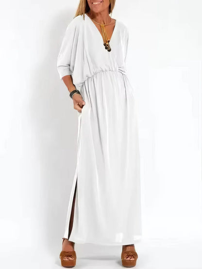 Vestido Largo Vintage con Cuello en V y Cintura Alta