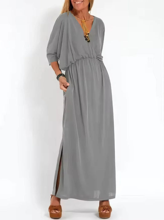 Vestido Largo Vintage con Cuello en V y Cintura Alta